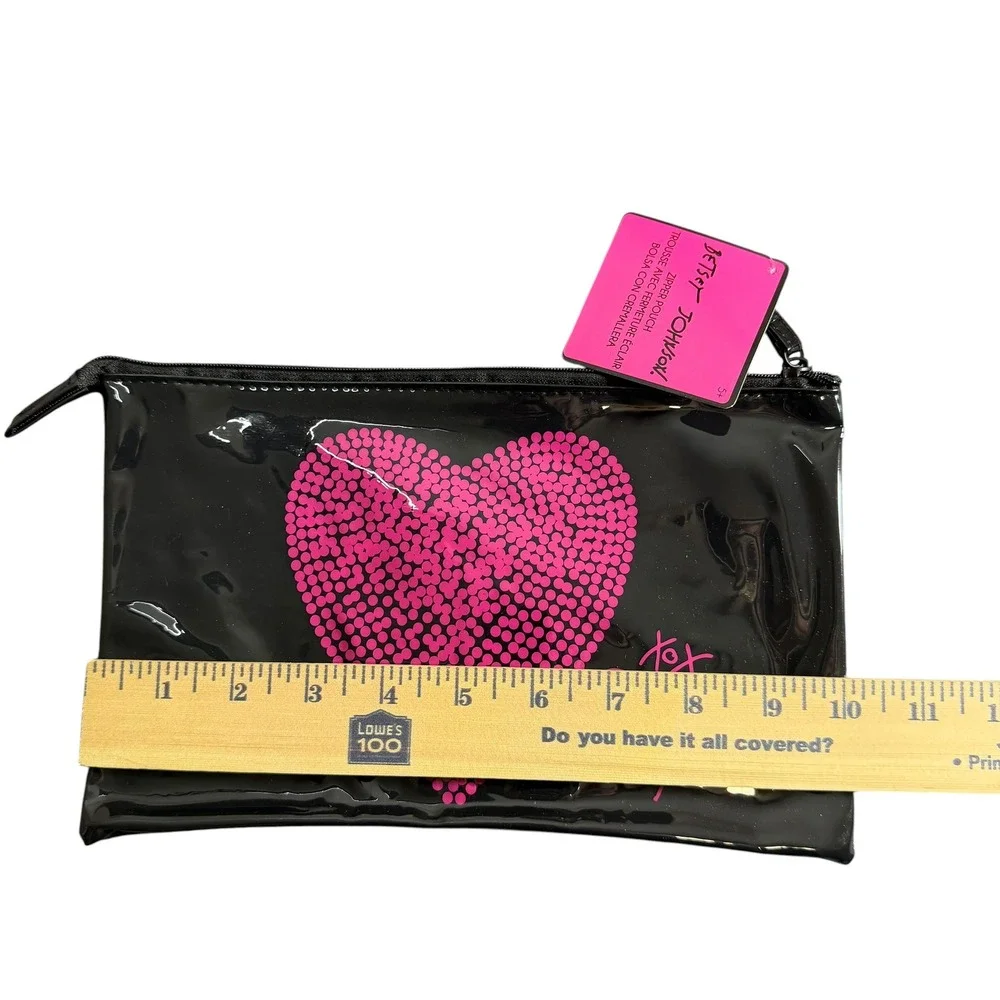 Betsey Johnson Black‎ Pink Heart Zipper Pouch Cosmetic Makeup Travel Bag